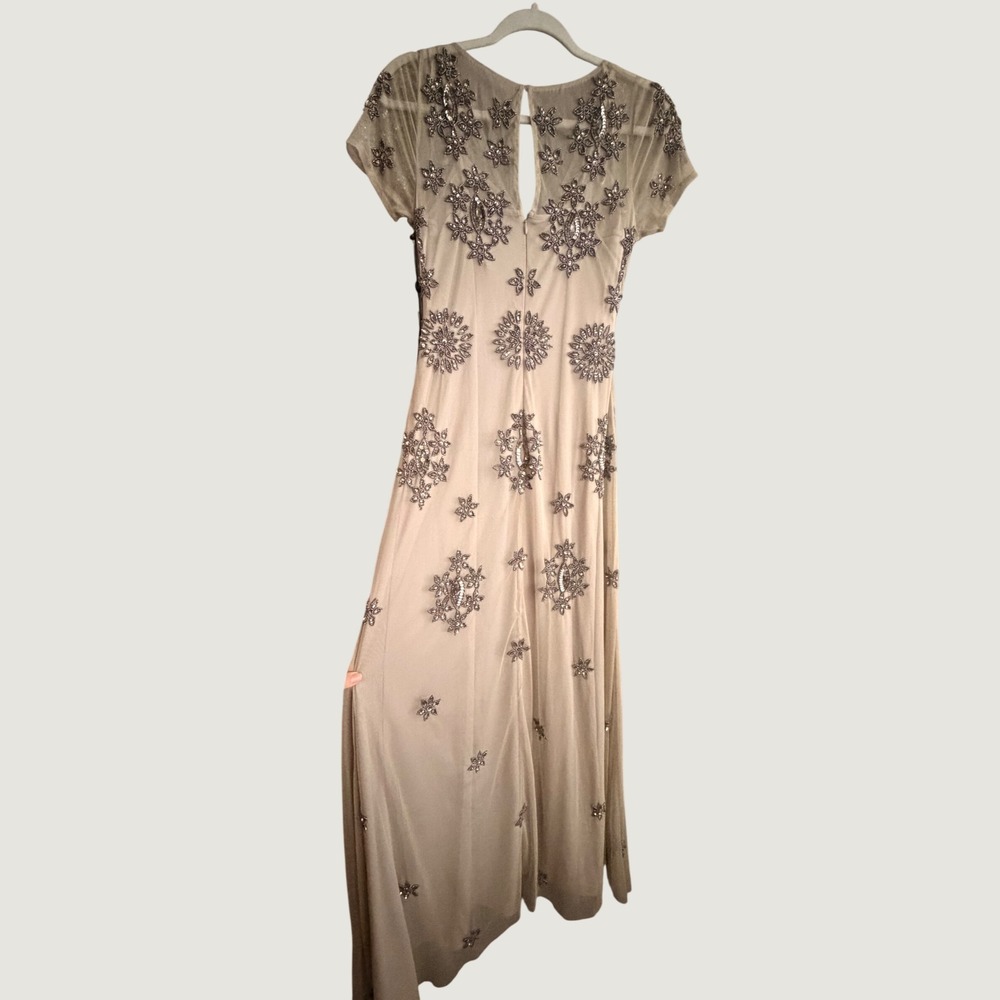 Adrianna Papell Beaded Mesh Gown NWT Silver Taupe Cap Sleeve Maxi Dress 4 - Picture 2 of 9
